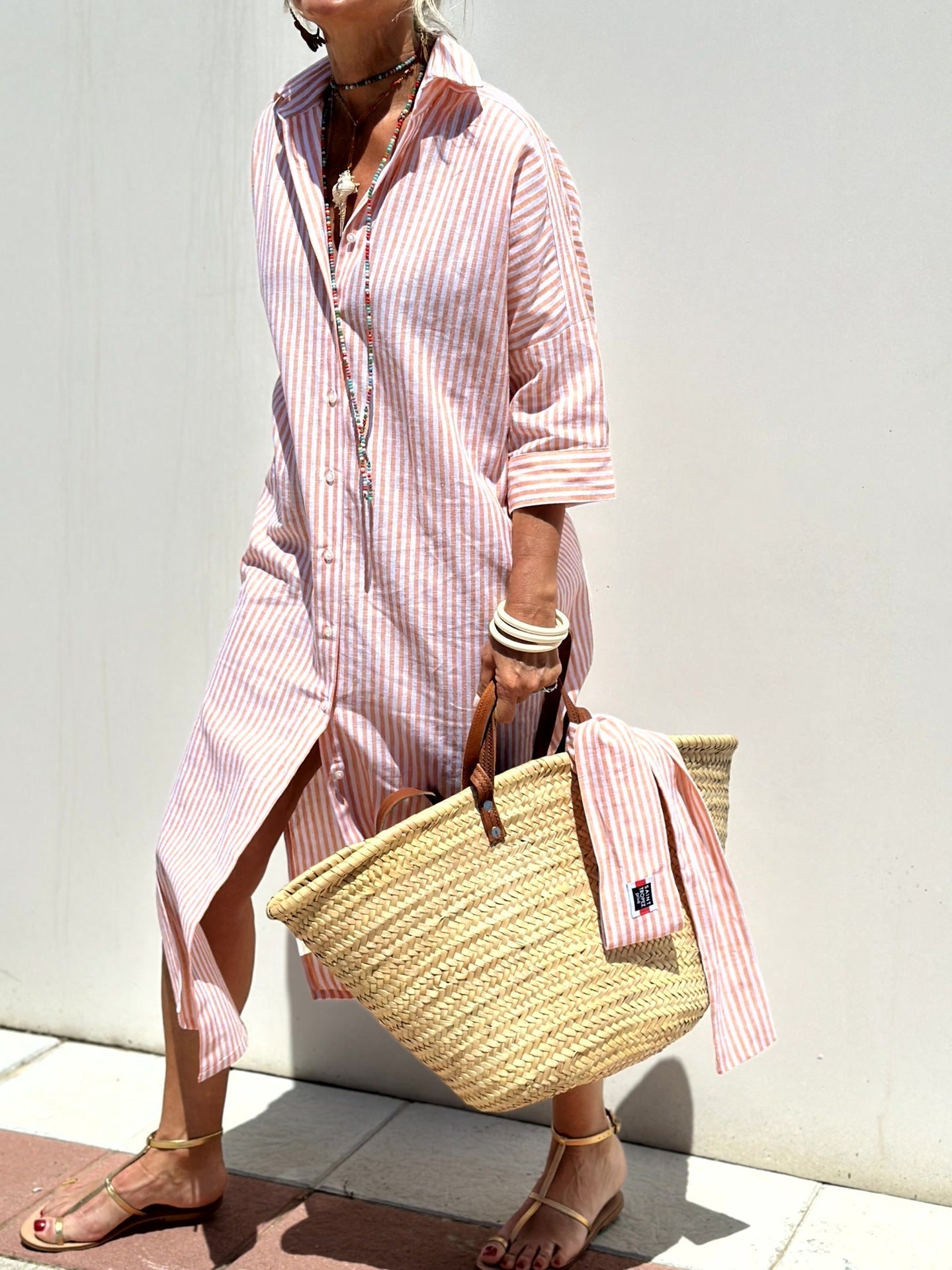 Wanette | Striped Two-side Slit Shirt Dress