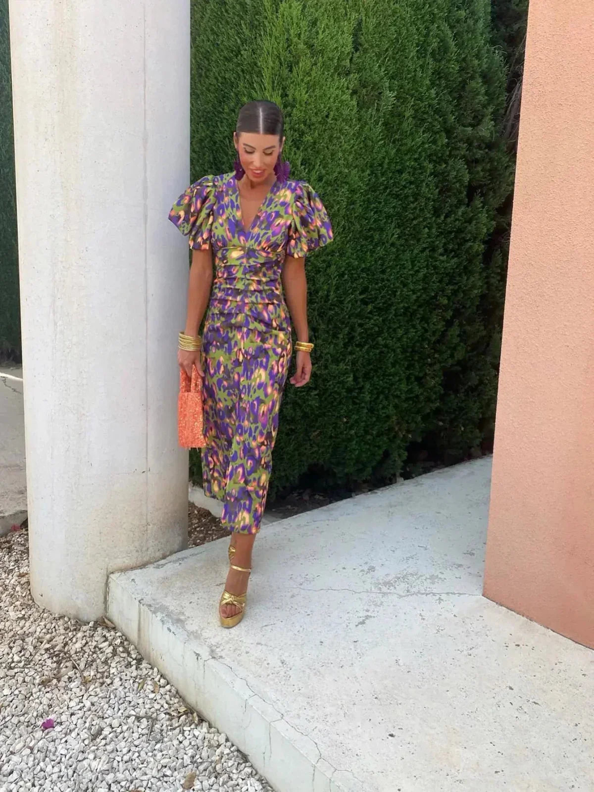 Audrina | Colorful Dress with Pleated Sleeves
